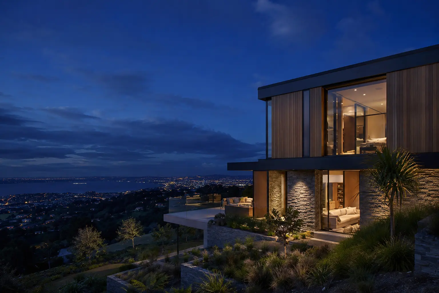 Editorial concept of a New Zealand home at blue hour