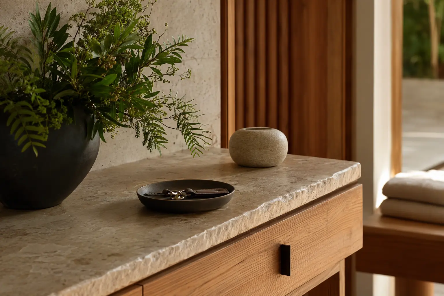 Editorial hospitality-readiness concept with native foliage and a prepared key tray